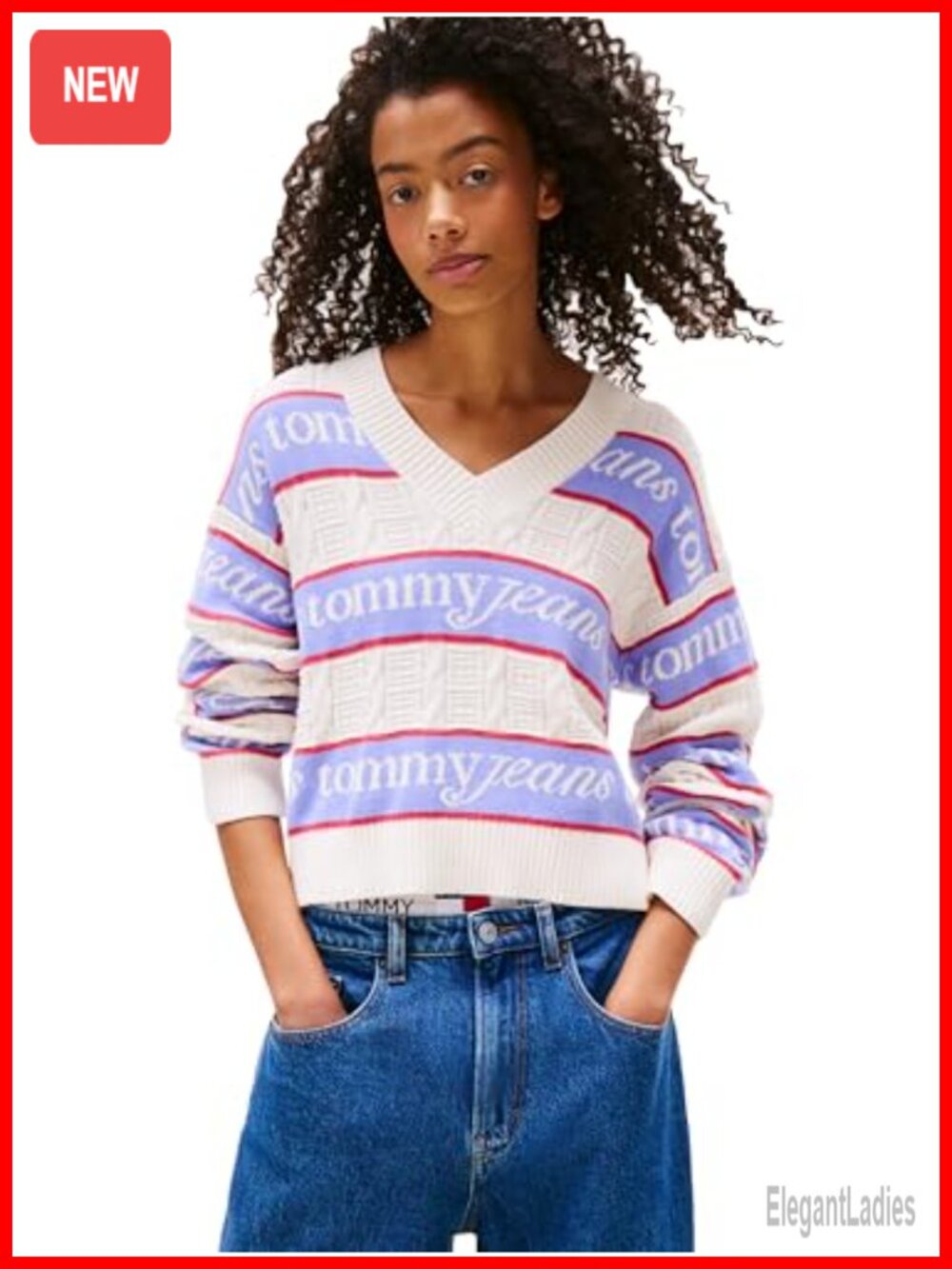Cotton V-Neck Pullover Sweater Long Sleeve Ribbed Logo Print Relaxed Fit